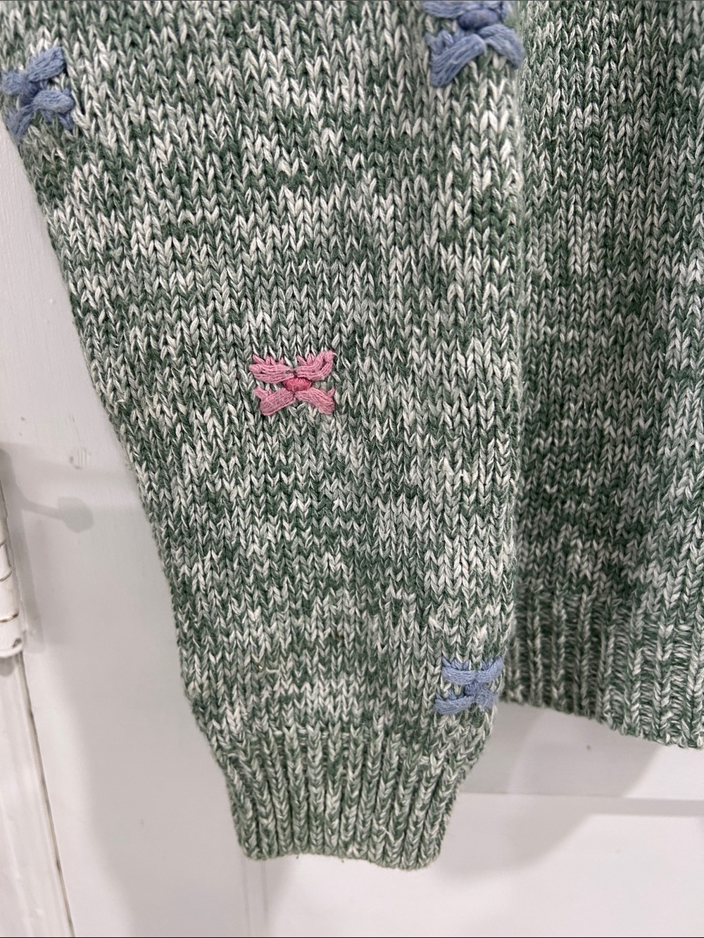 Vintage Ashley Hand Knitted Sage Green Floral Diamond Pattern Cardigan Sweater L - Picture 3 of 8